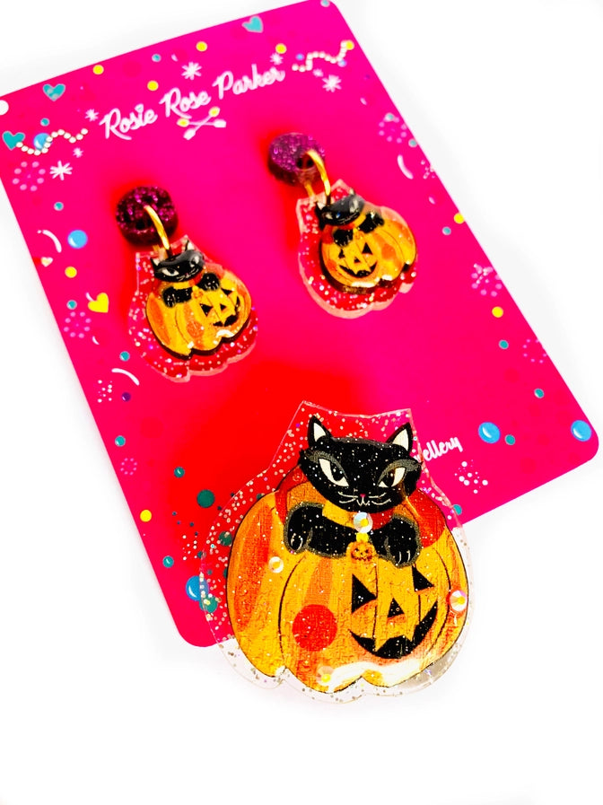 Rosie Rose Parker : Halloween : Cat in a pumpkin earrings – Broochaholic