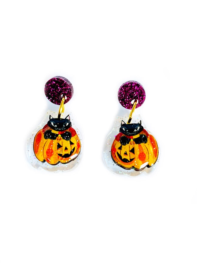 Rosie Rose Parker : Halloween : Cat in a pumpkin earrings – Broochaholic