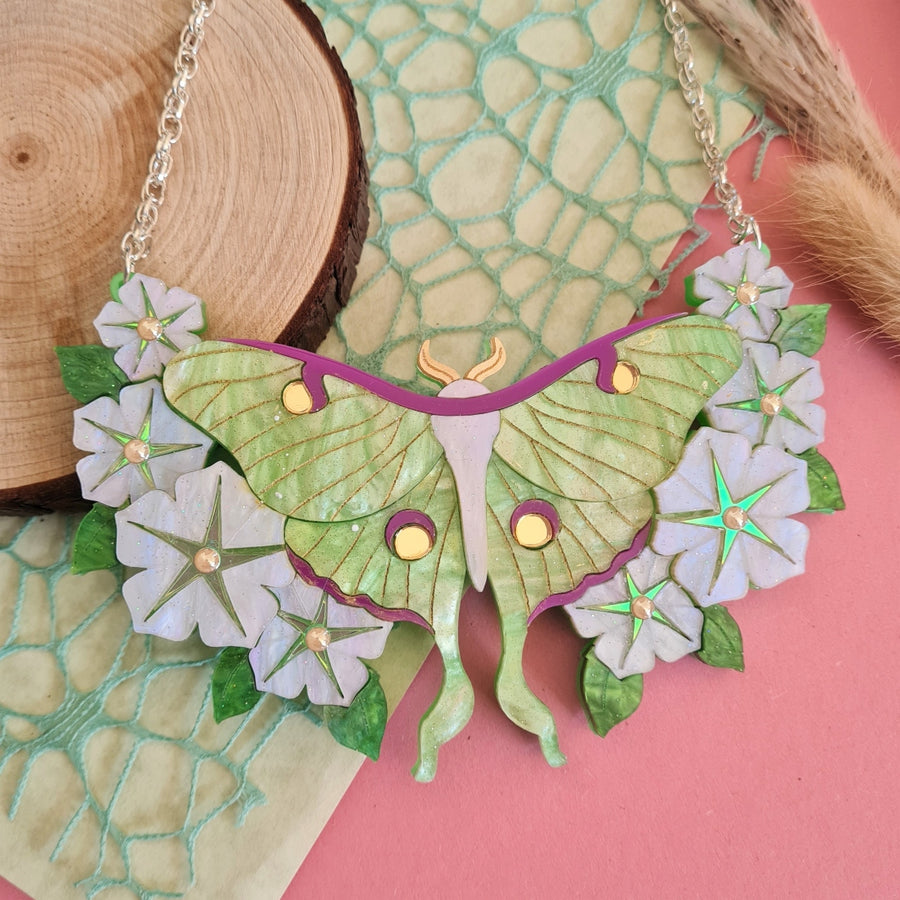 Cherryloco : Luna Moth and Moonflower Statement Necklace [PRE-ORDER]