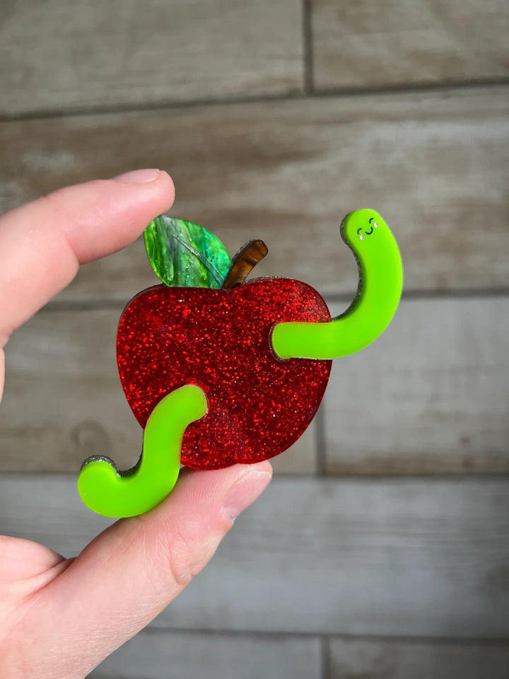 Leopard Print Bee : Apple and Worm Brooch