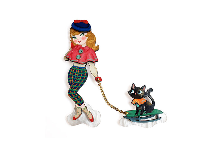 Laliblue : Christmas : Brooch for girl with cat on sled