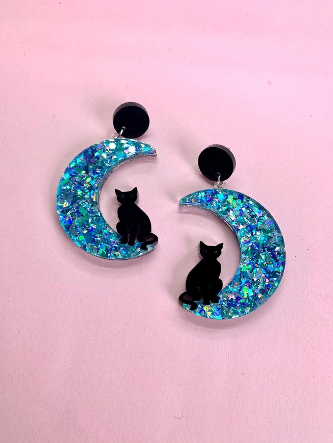 Birdie Bananas : Celestial Glitter Moon and Black Cat Earrings