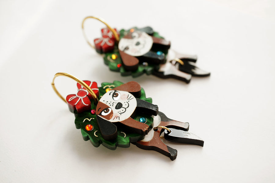 Laliblue : Christmas : Dog in a Christmas wreath earrings