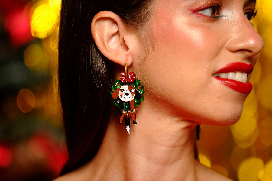 Laliblue : Christmas : Dog in a Christmas wreath earrings