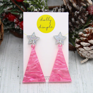 Dolly Dimple Design : Christmas Tree Dangle Earrings, Marble Baby Pink and Silver [PRE-ORDER]