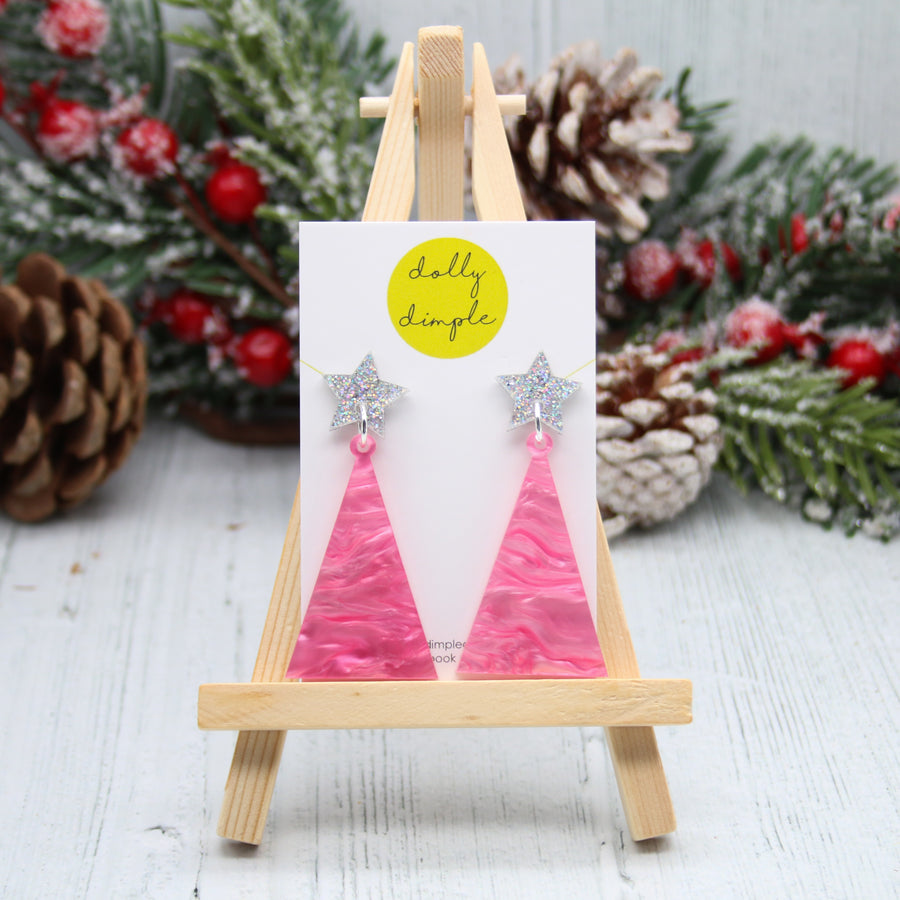 Dolly Dimple Design : Christmas Tree Dangle Earrings, Marble Baby Pink and Silver [PRE-ORDER]