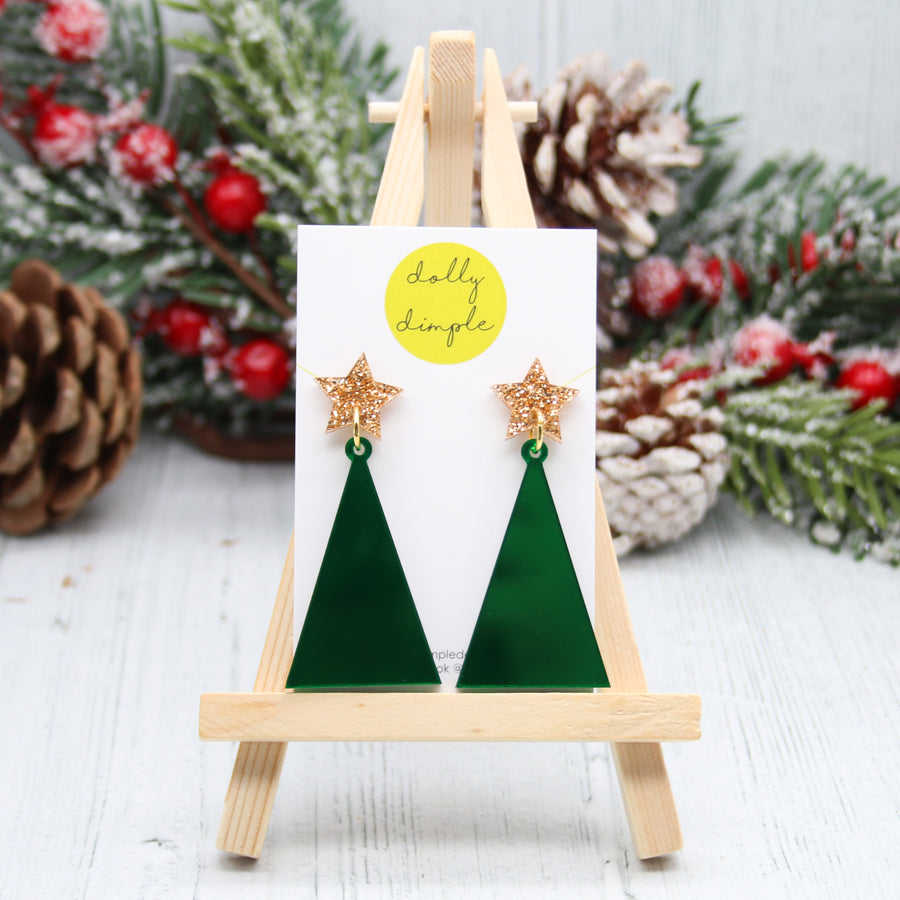 Dolly Dimple Design : Christmas Tree Dangle Earrings, Green and Gold [PRE-ORDER]