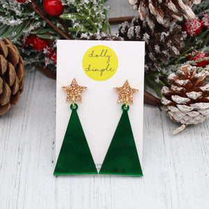 Dolly Dimple Design : Christmas Tree Dangle Earrings, Green and Gold [PRE-ORDER]