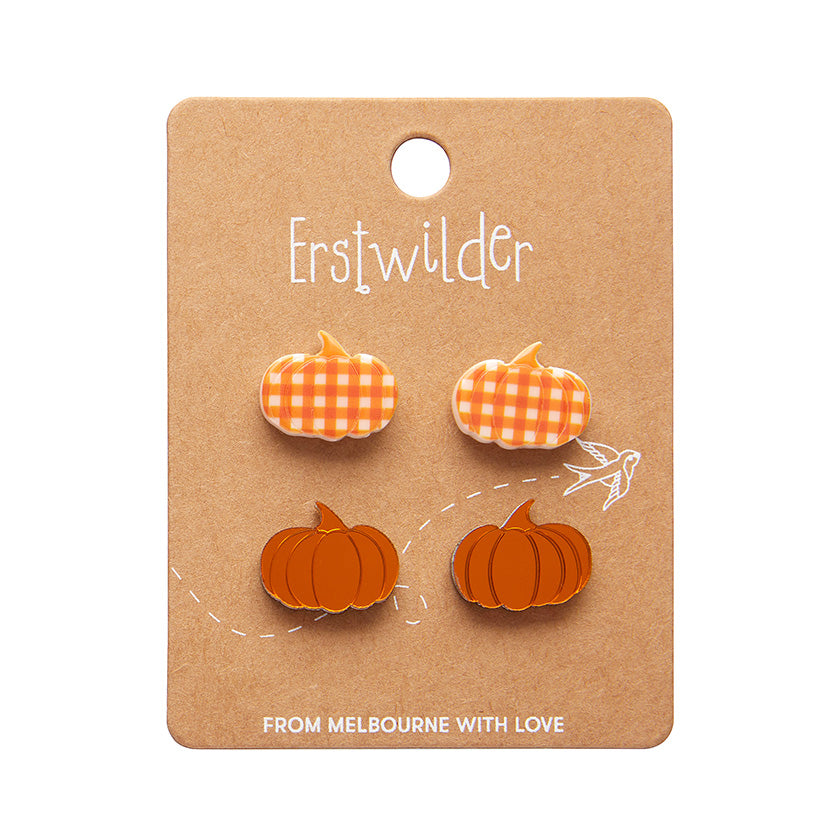 Erstwilder : Halloween : Pumpkin Patch Stud Earrings Set - Orange & Orange Gingham [LUCKY LAST!]