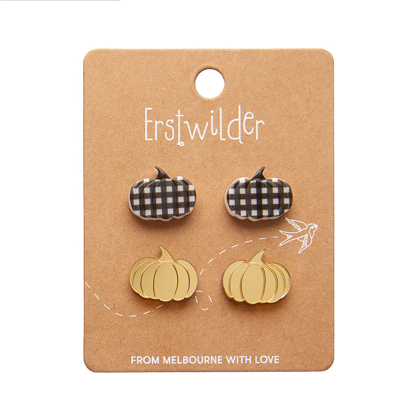 Erstwilder : Halloween : Pumpkin Patch Stud Earrings Set - Gold & Black Gingham