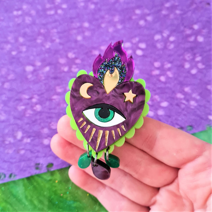 Cherryloco : Small Flaming Heart Brooch - Neon Green and Purple