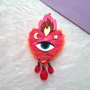 Cherryloco : Small Flaming Heart Brooch - Pink Neon