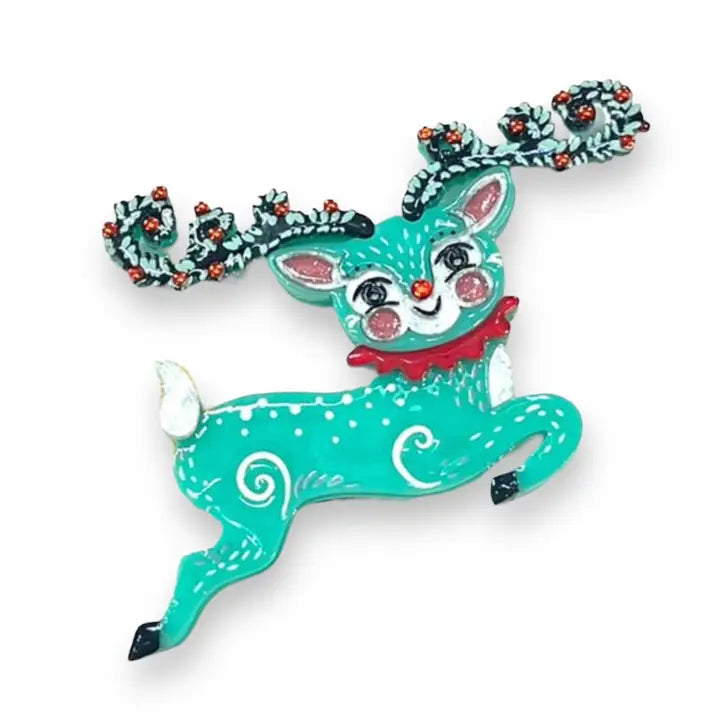 Lipstick & Chrome : Fawna Fir Top Leaping Reindeer Brooch By Johanna Parker [PRE-ORDER]