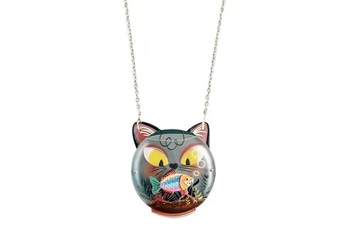 LaliBlue :  Halloween Woods : Fishbowl necklace with cat [PRE-ORDER]