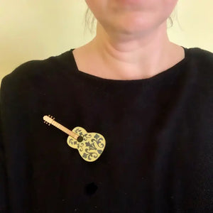 Birdie Bananas : Floral Etched Acoustic Guitar Brooch Gold