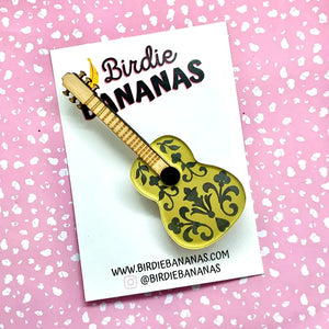 Birdie Bananas : Floral Etched Acoustic Guitar Brooch Gold