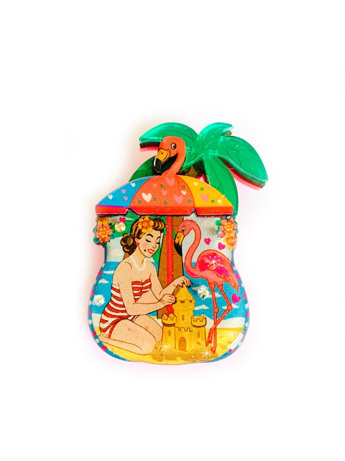 Rosie Rose Parker : Frankie and the Flamingo - at the Beach! Brooch