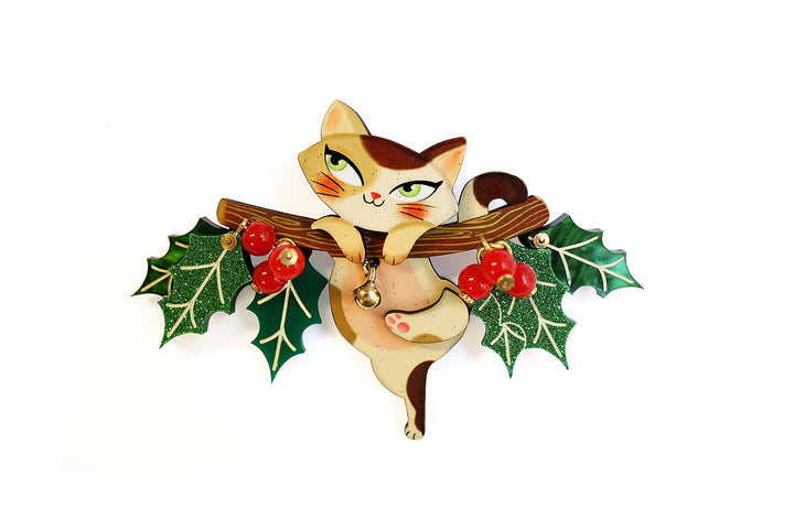Laliblue : Christmas : Kitty on a holly branch brooch