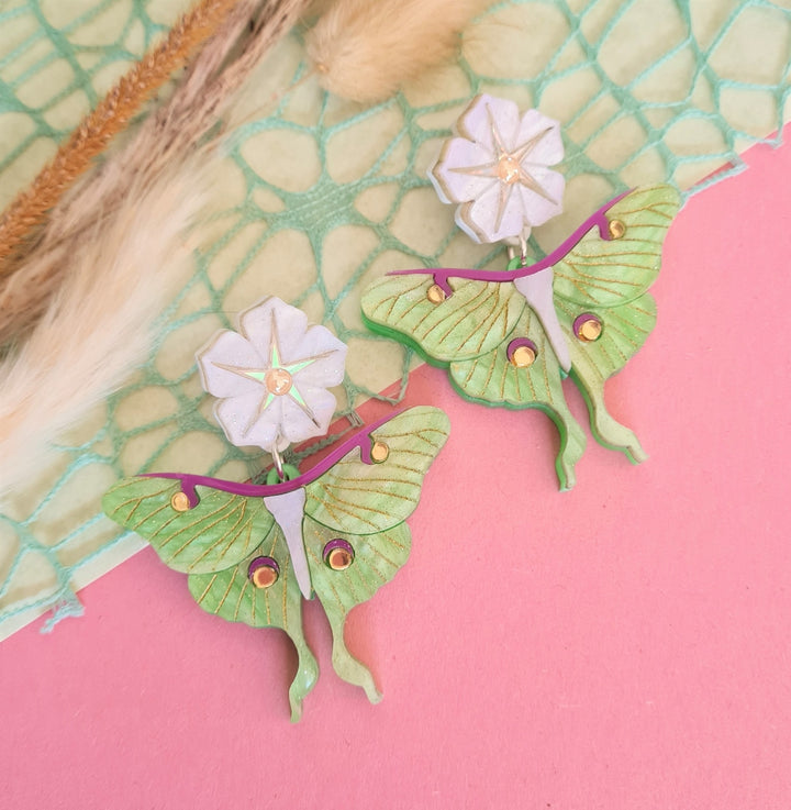 Cherryloco : Luna Moth and Moonflower Earrings [PRE-ORDER]