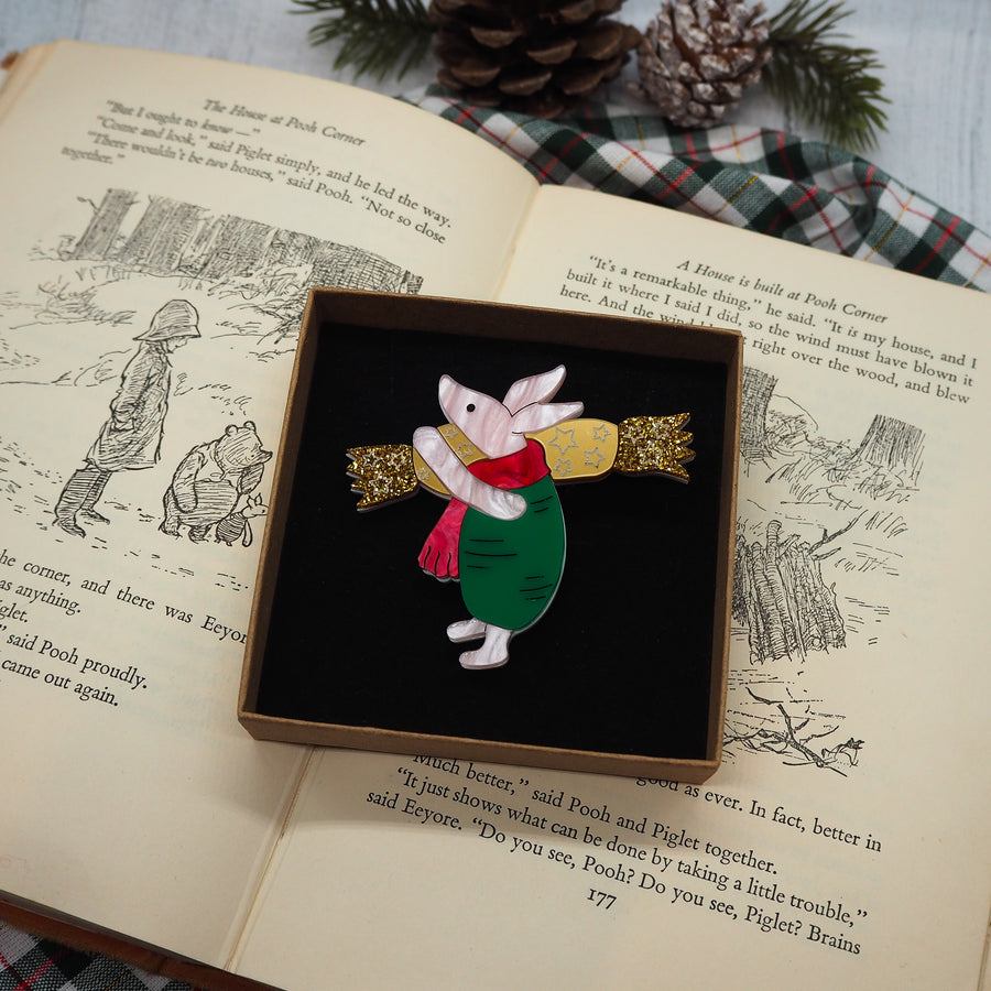 Dolly Dimple Design :  Piglet with a Christmas Cracker Brooch [PRE-ORDER]