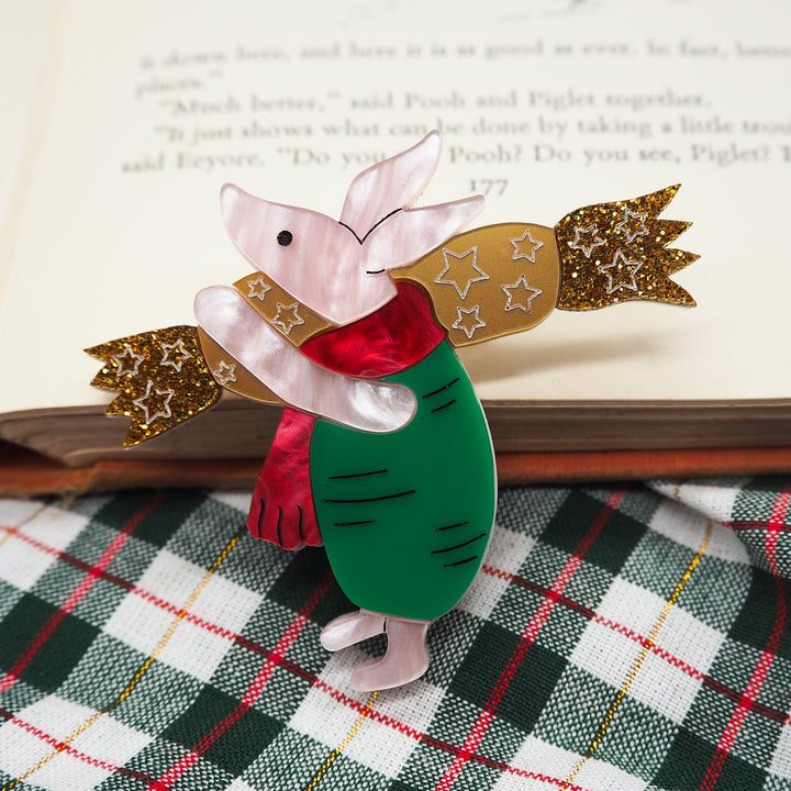 Dolly Dimple Design :  Piglet with a Christmas Cracker Brooch [PRE-ORDER]