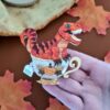 Cherryloco : Orange T Rex Dinosaur Teacup brooch or necklace [PRE-ORDER]