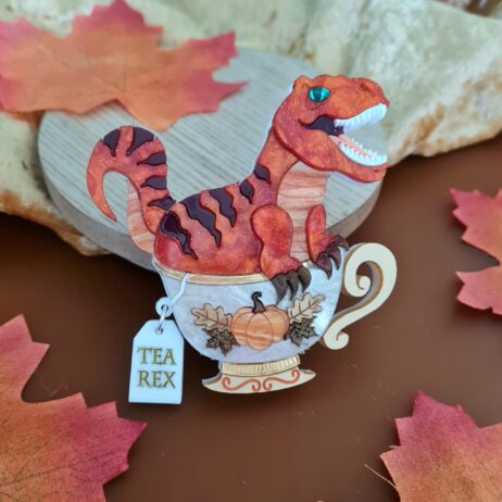 Cherryloco : Orange T Rex Dinosaur Teacup brooch or necklace