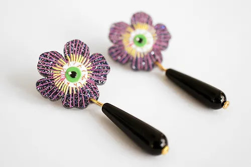 LaliBlue :  Halloween Woods : Purple flower earrings with eyes [PRE-ORDER]