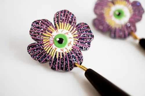 LaliBlue :  Halloween Woods : Purple flower earrings with eyes [PRE-ORDER]