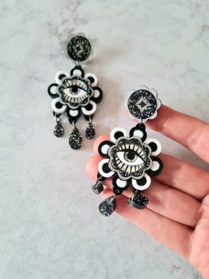 Cherryloco : Retro floral monochrome statement earrings