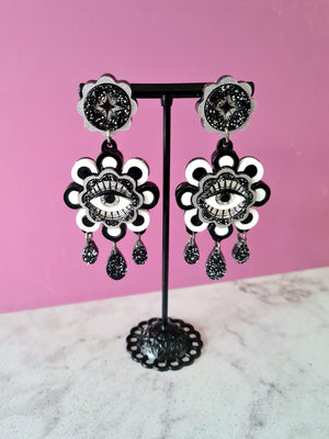 Cherryloco : Retro floral monochrome statement earrings
