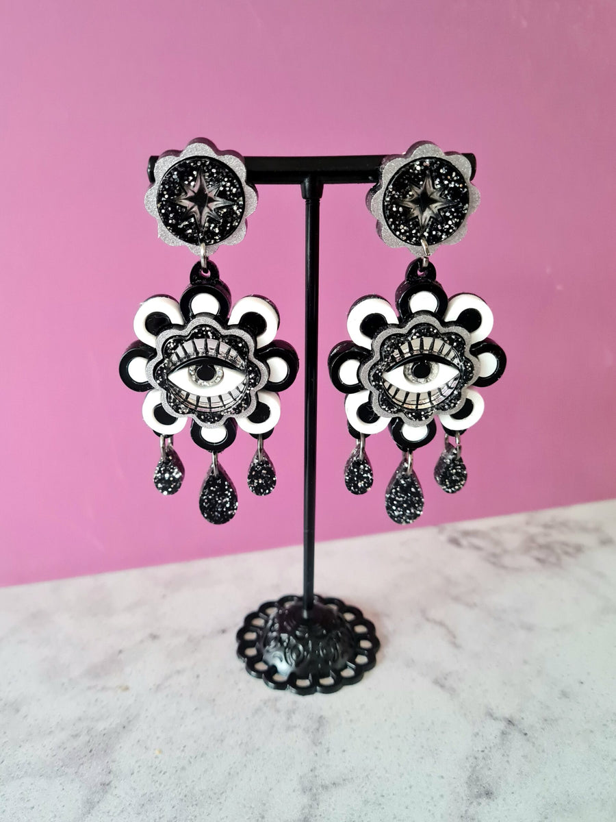 Cherryloco : Retro floral monochrome statement earrings