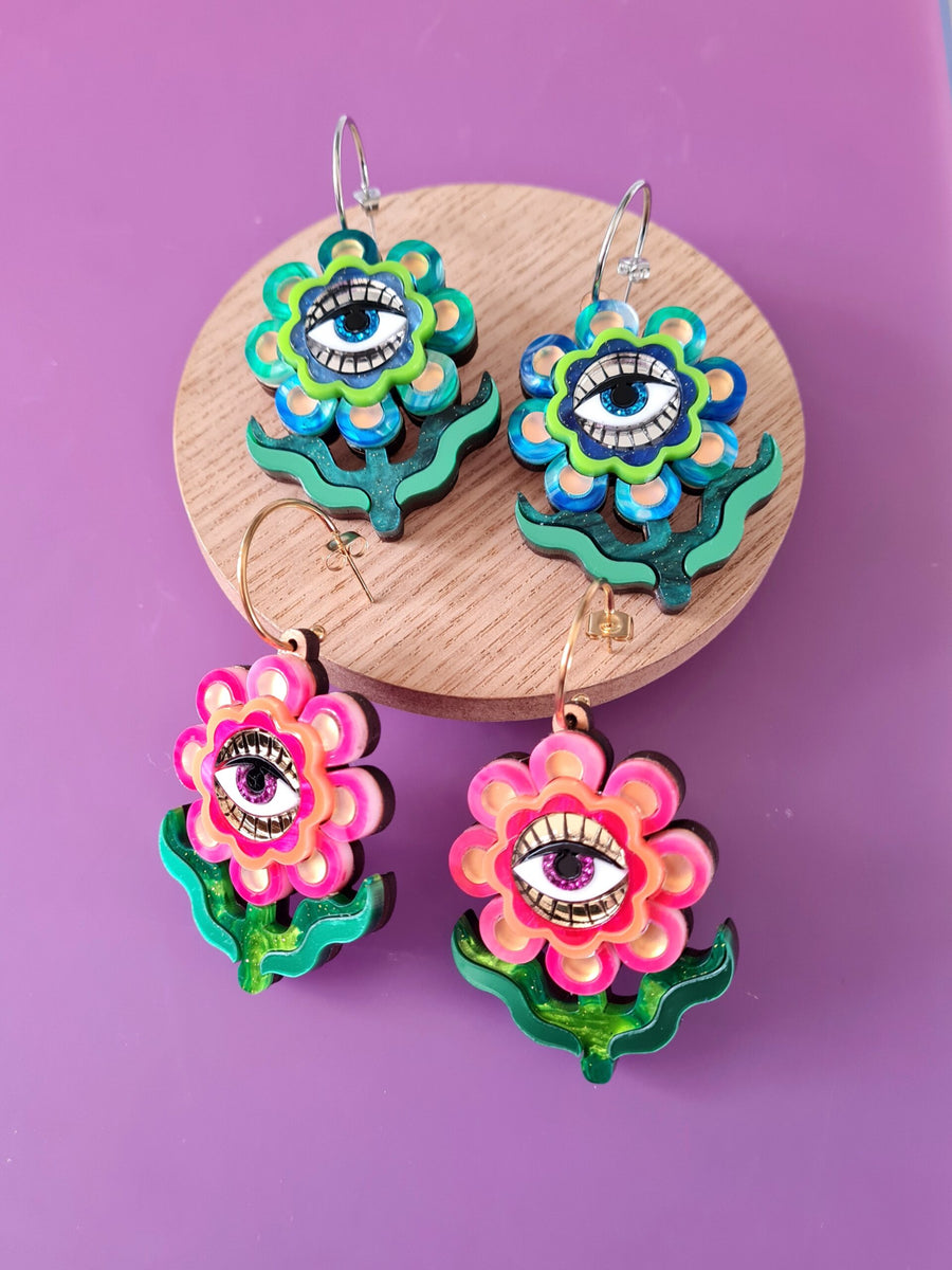 Cherryloco : Retro stylised flower hoop earrings
