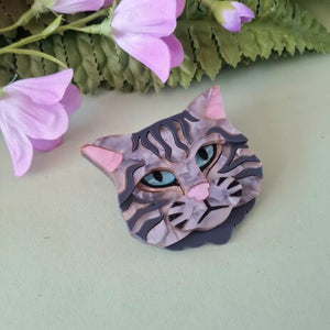 Cherryloco : Scottish Wild Cat Grey Tabby Brooch or Necklace [PRE-ORDER]