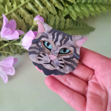 Cherryloco : Scottish Wild Cat Grey Tabby Brooch or Necklace [PRE-ORDER]