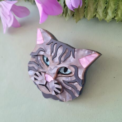 Cherryloco : Scottish Wild Cat Grey Tabby Brooch or Necklace [PRE-ORDER]