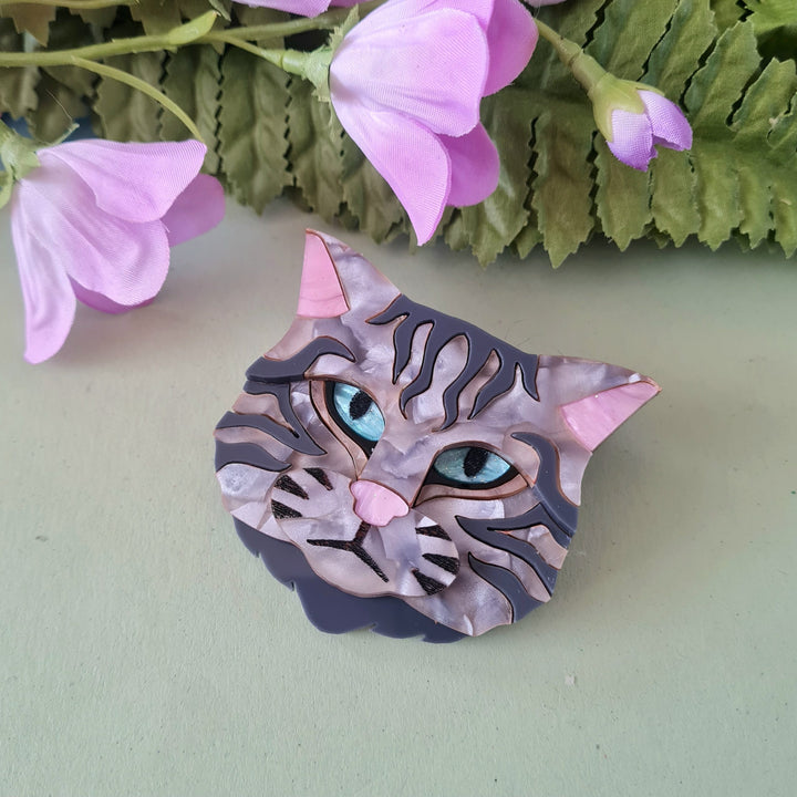 Cherryloco : Scottish Wild Cat Grey Tabby Brooch or Necklace [PRE-ORDER]