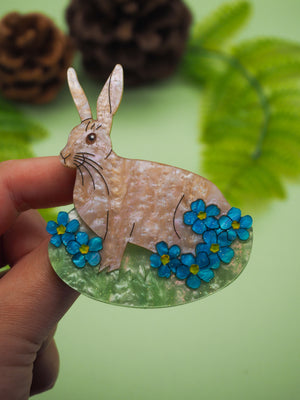 Dolly Dimple Design : Bloom Where You Rest - Hare and Forget Me Not Acrylic Brooch
