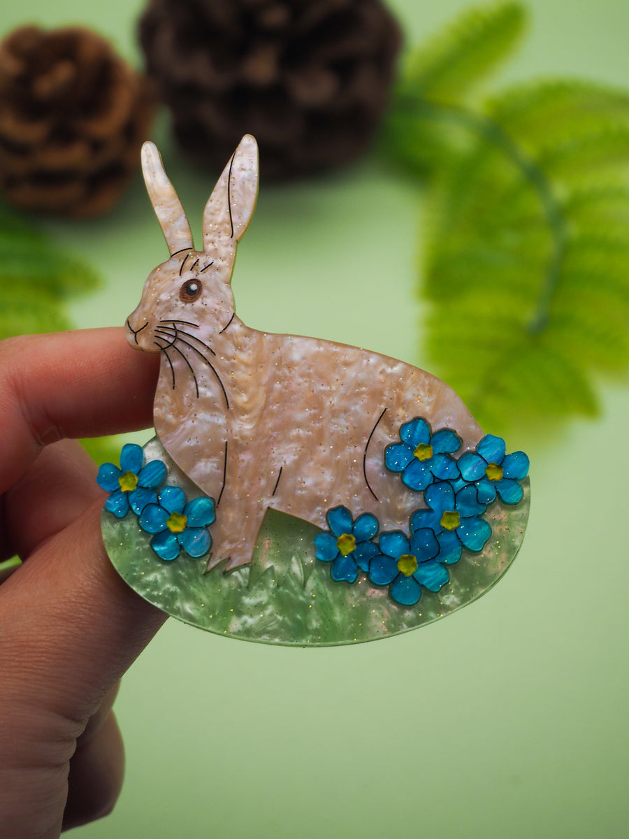 Dolly Dimple Design : Bloom Where You Rest - Hare and Forget Me Not Acrylic Brooch