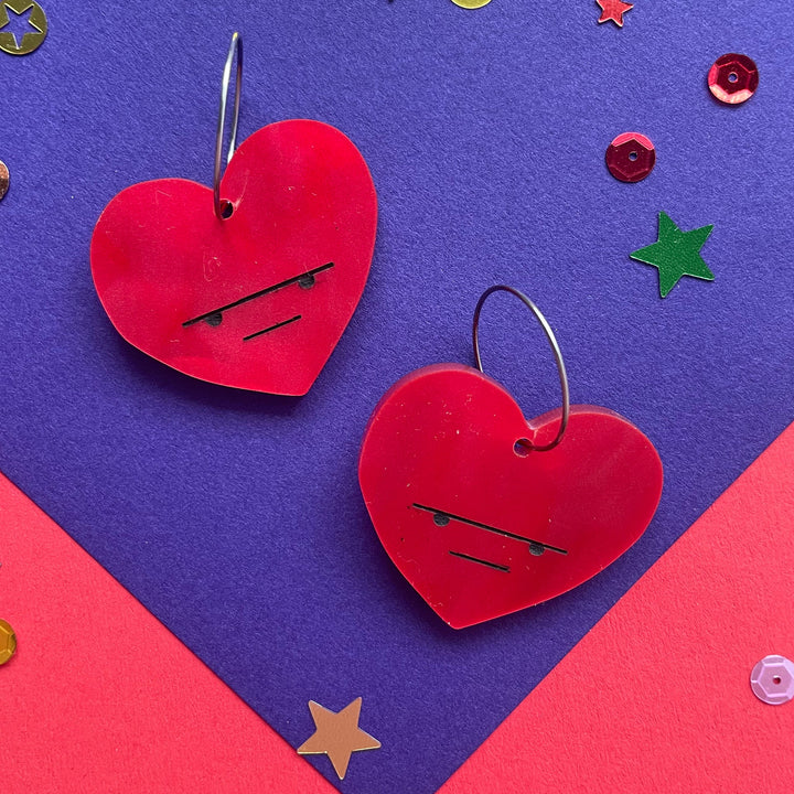 Happy Stuff Studio : Queen of Hearts : Grumpy heart earrings - Red marble