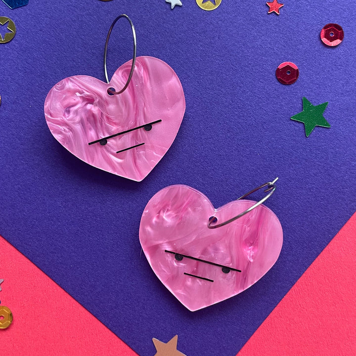 Happy Stuff Studio : Queen of Hearts : Grumpy heart earrings - Baby pink marble