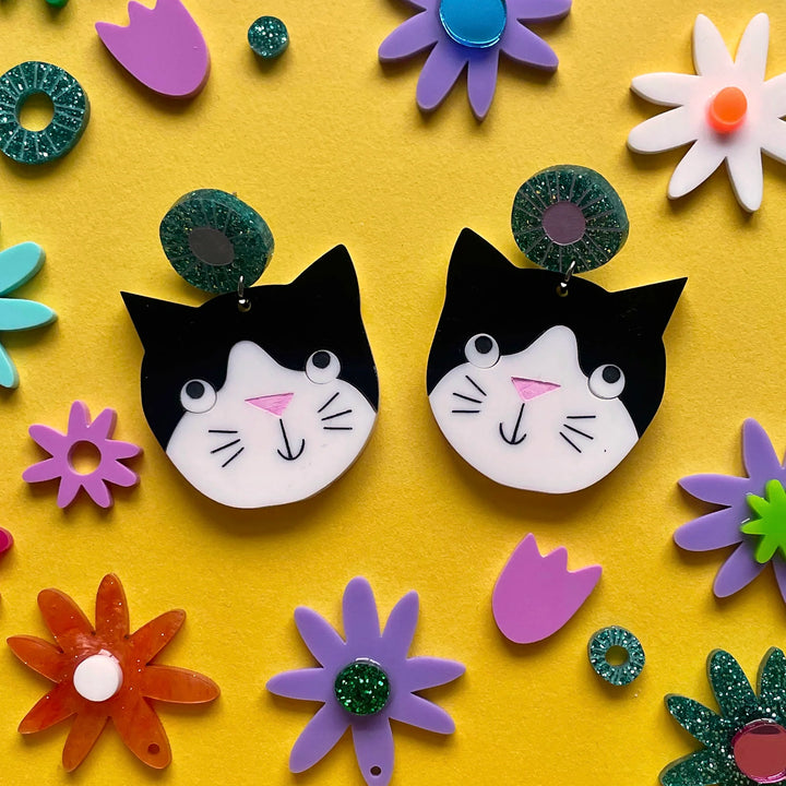 Happy Stuff Studio : Cat Faces - Tuxedo Happy Statement Earrings