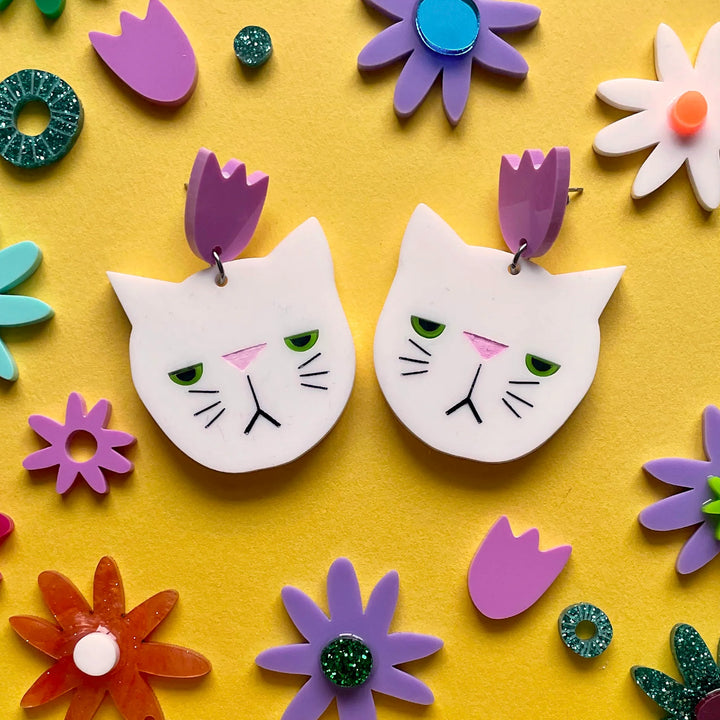 Happy Stuff Studio : Cat Faces - White Grumpy Statement Earrings