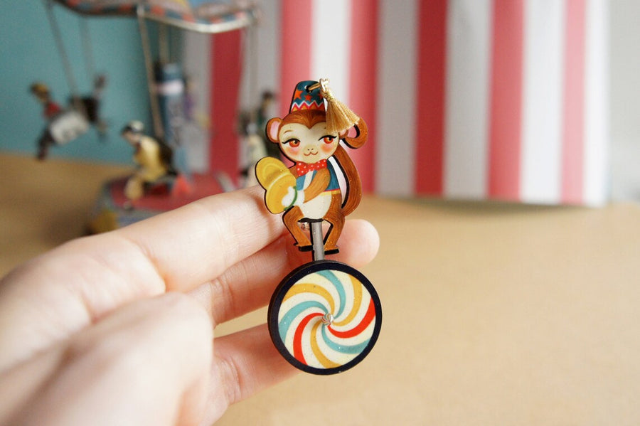 LaliBlue : Circus Freaks : Monkey on unicycle brooch [PRE-ORDER]